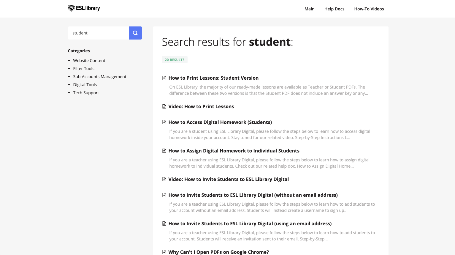 a screencap of search results for the word 'student' on our help docs