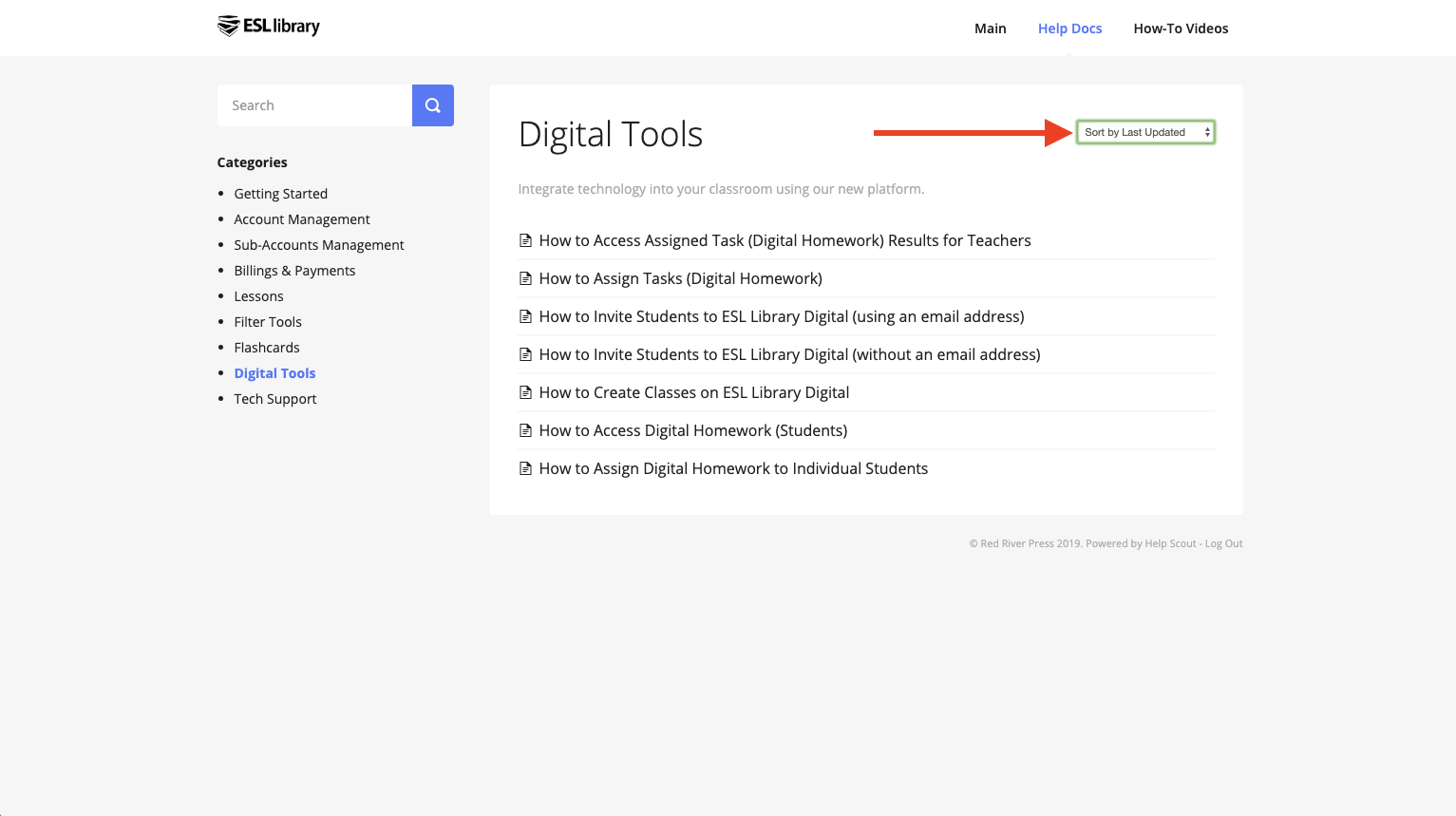 a screencap pointing out the sorting tools on in help categories