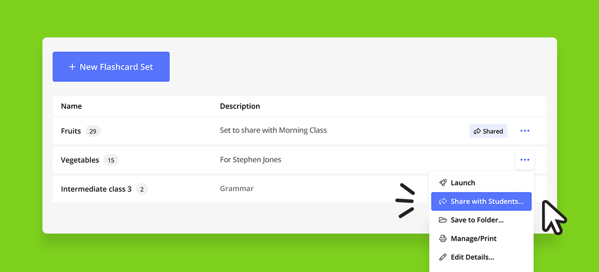 Share Flashcards with Students option on more options menu