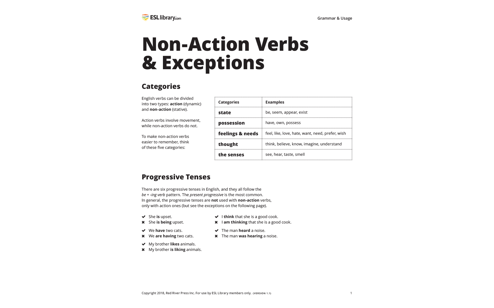 Non-Action Verbs and Exceptions Resource