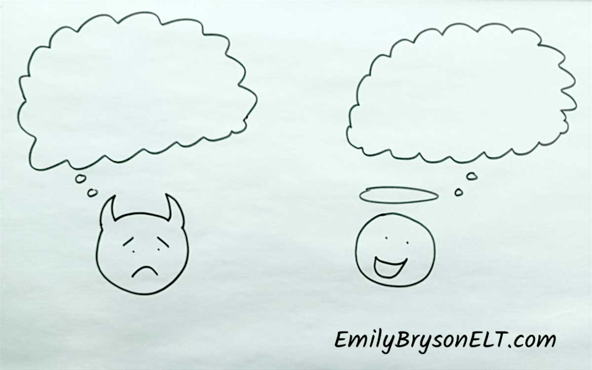 Drawing of frowning inner troll with an empty thought bubble and smiling inner angel with an empty through bubble.