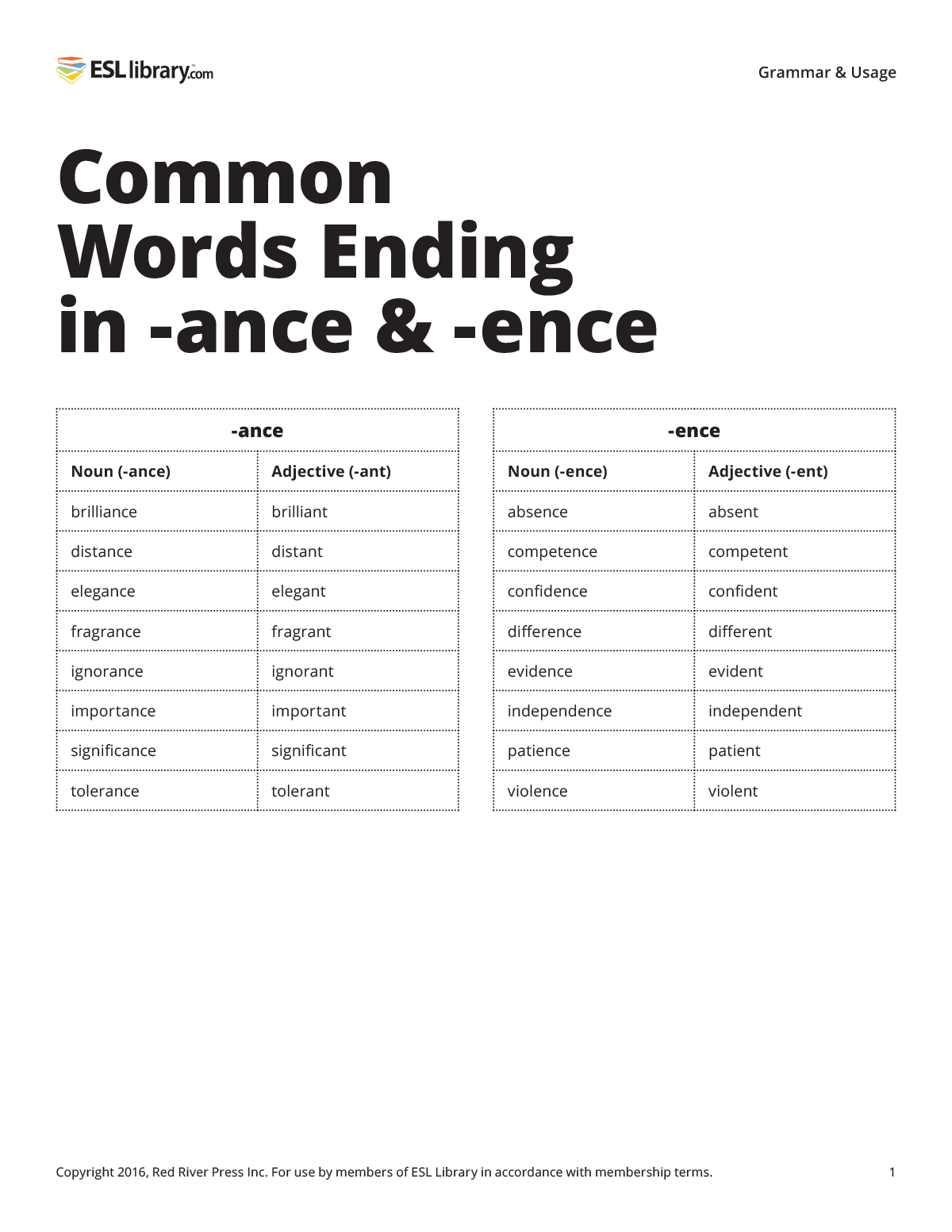 Common Words Ending in -ance & -ence – Ellii Blog