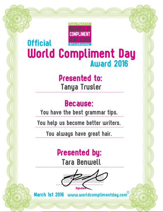 A certificate with a compliment written on it