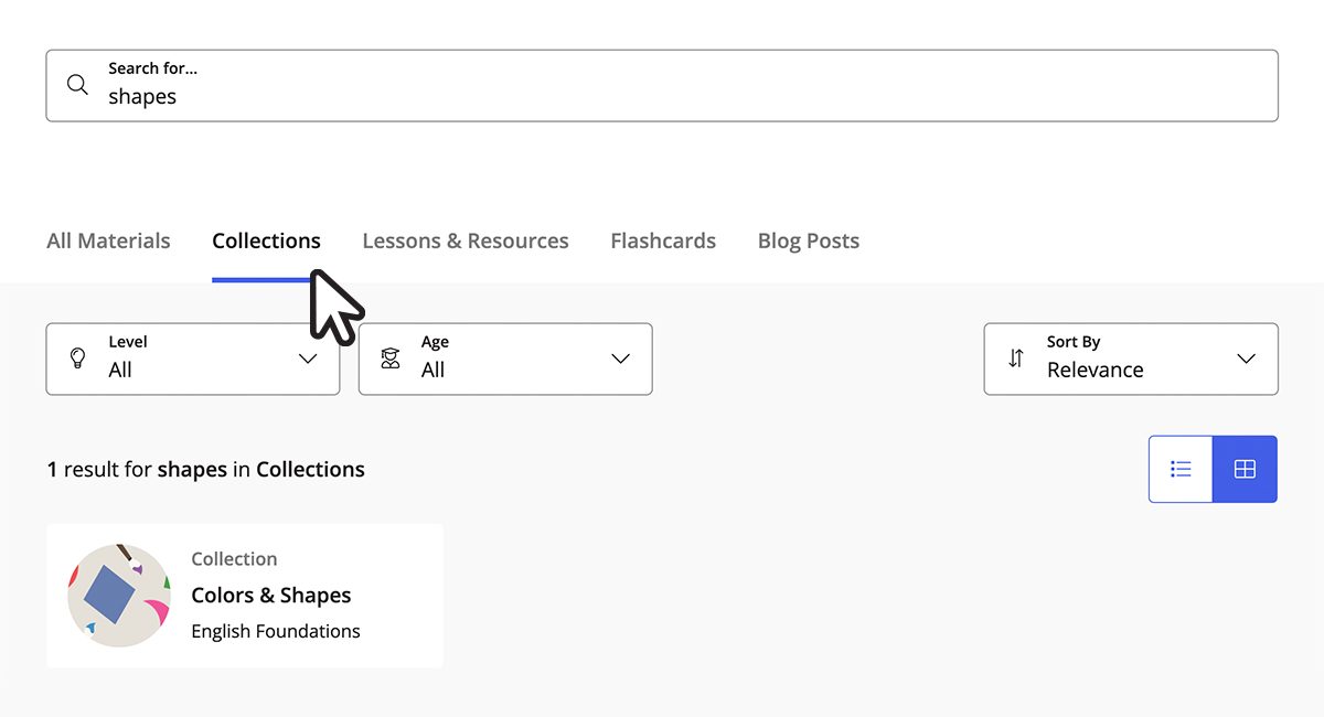 One search result for "shapes" on the Ellii website, with the collections tab selected
