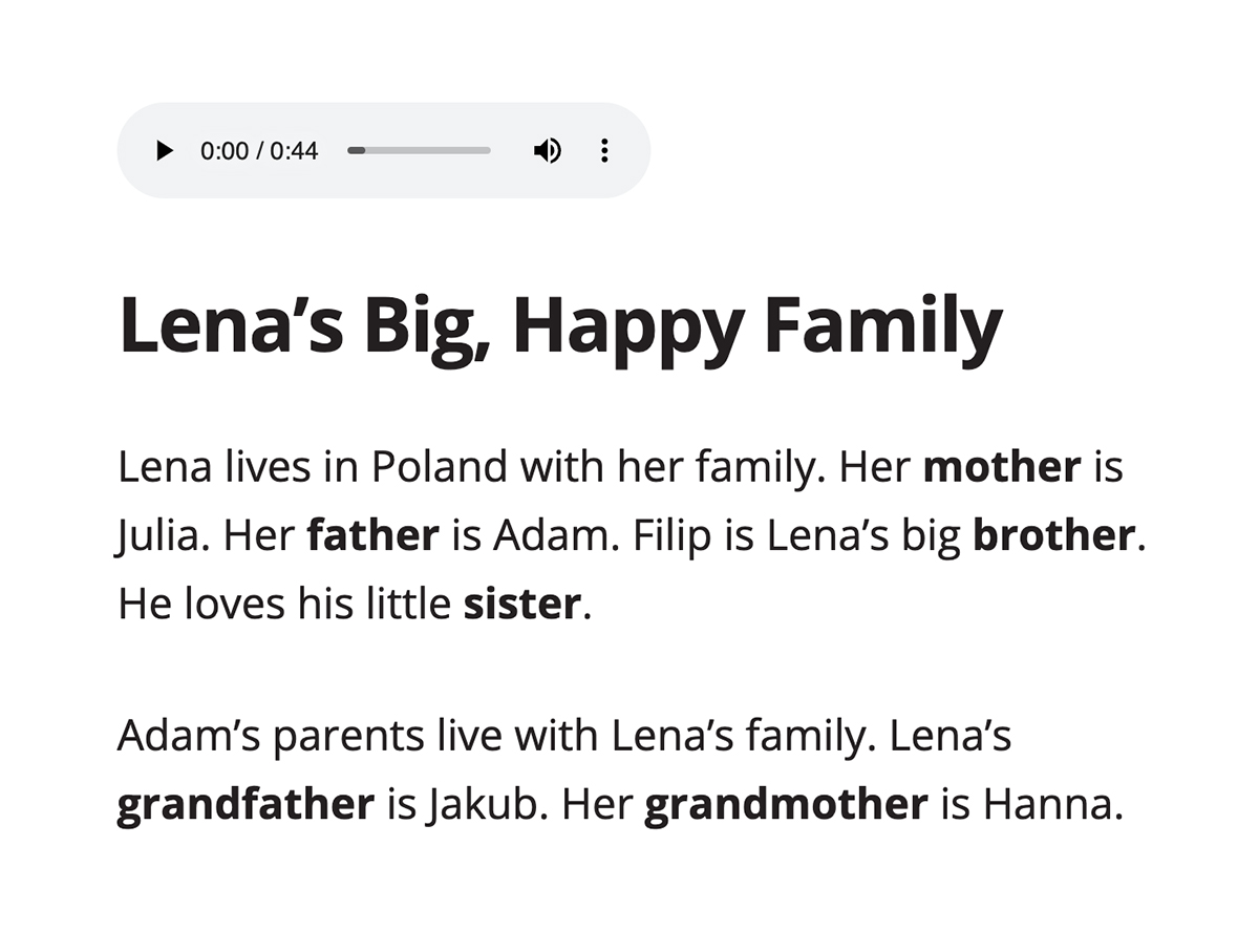 Audio track on top of an excerpt from Leena's Big, Happy Family lesson from Ellii's Word Bank Readers section.