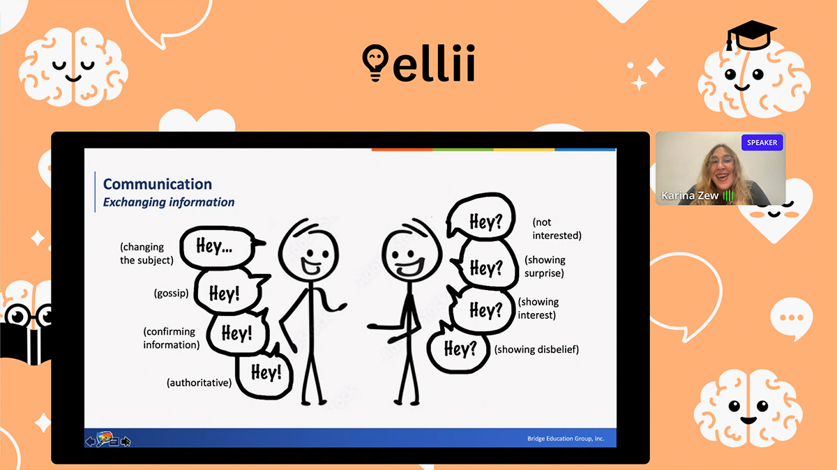 Drawing that demonstrates two people using different intonation and body language with the word hey.