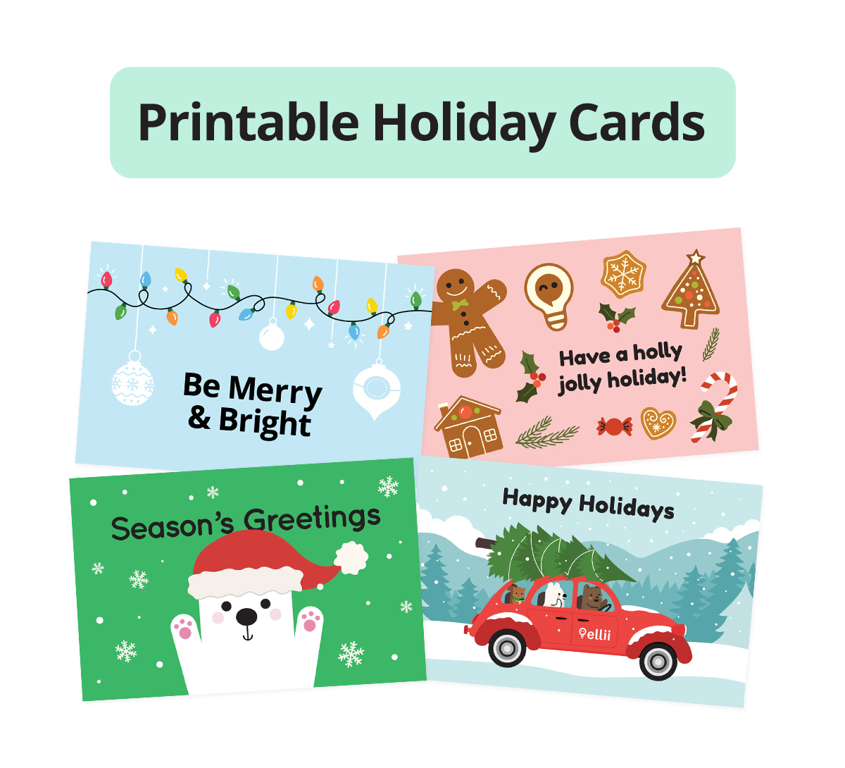 Four holiday greeting cards to print.