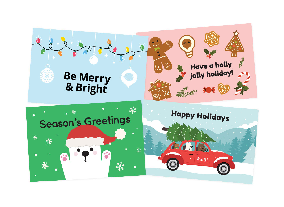 4 holiday greeting cards in English.