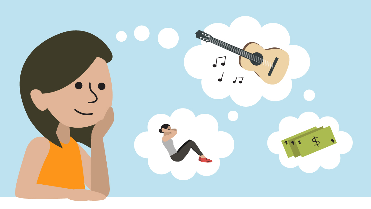 Person with thought bubbles of a guitar, money and person doing push ups