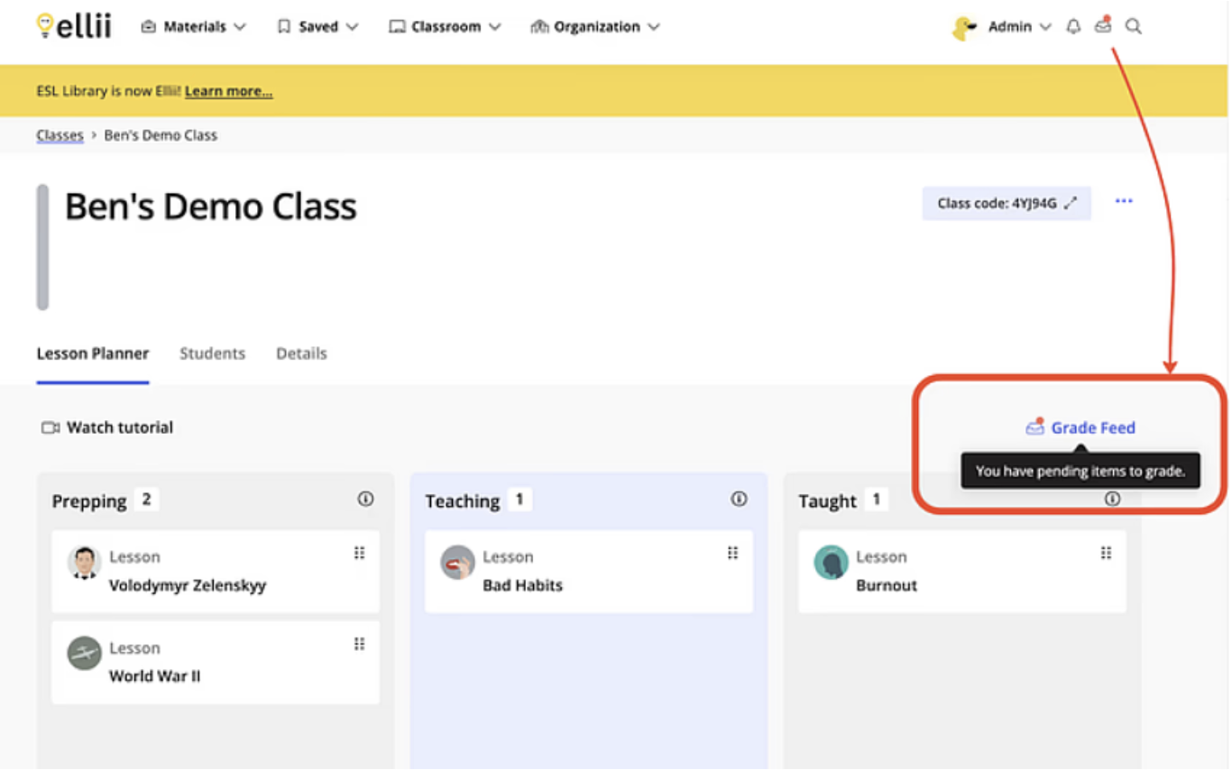 notification of pending items to grade in a class