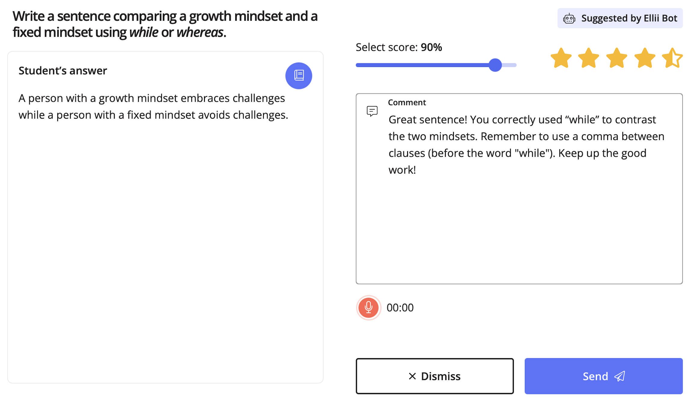 Ellii's Grade Feed showing a student's answer and Ellii Bot's suggested response