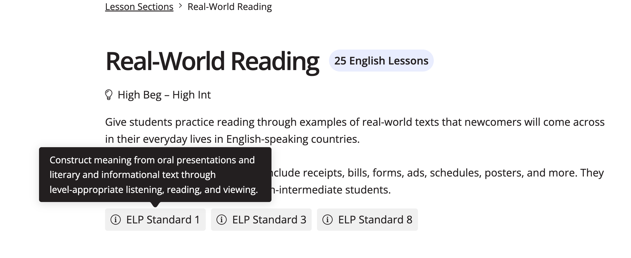 ELPS in Ellii Lesson Section Descriptions