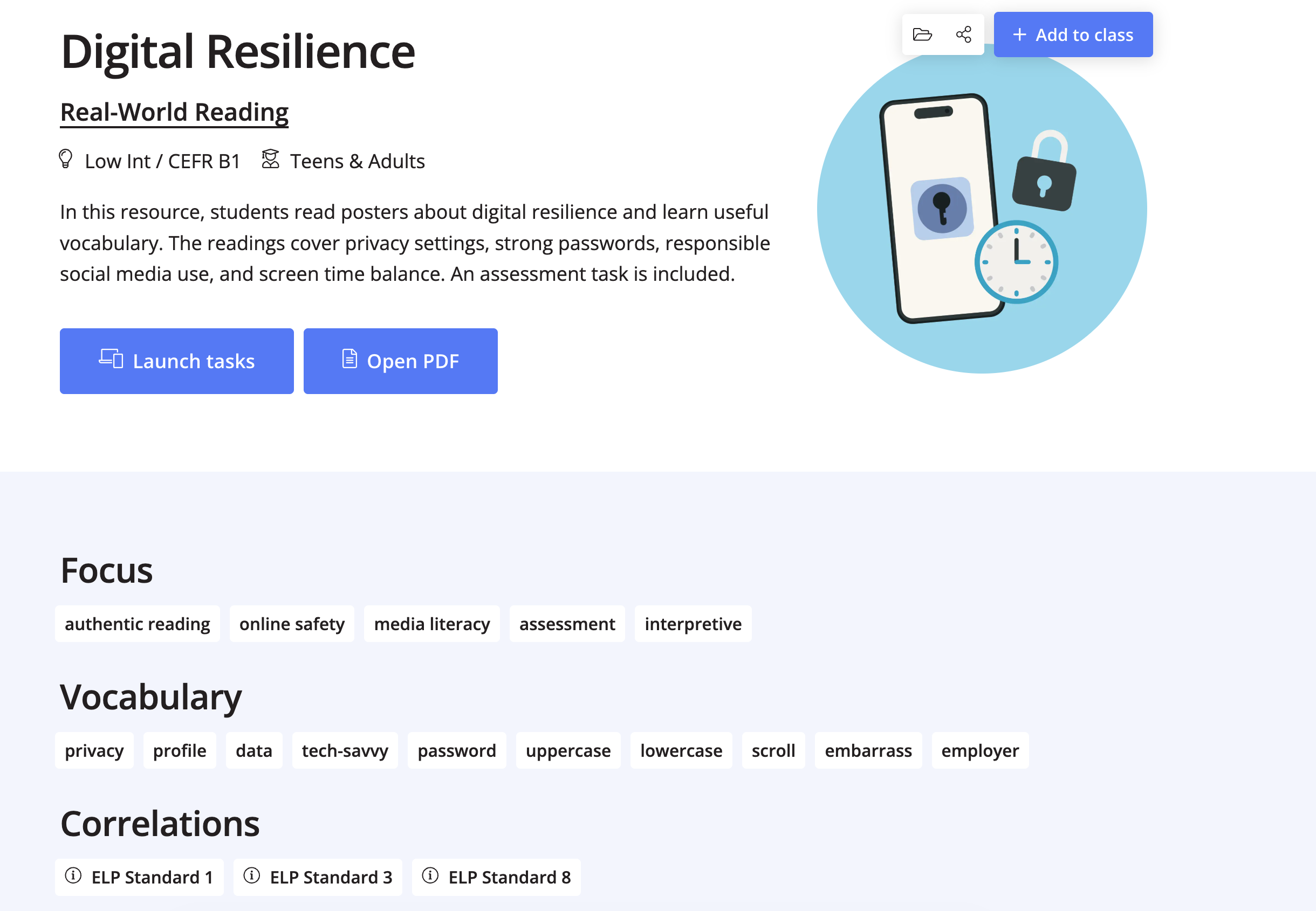 Lesson Show page on Ellii, including vocabulary, and ELPS correlations
