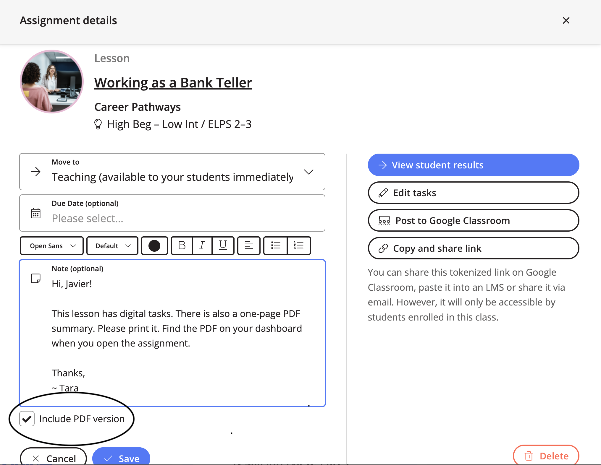 How to add a note and include the PDF in your assignment on Ellii
