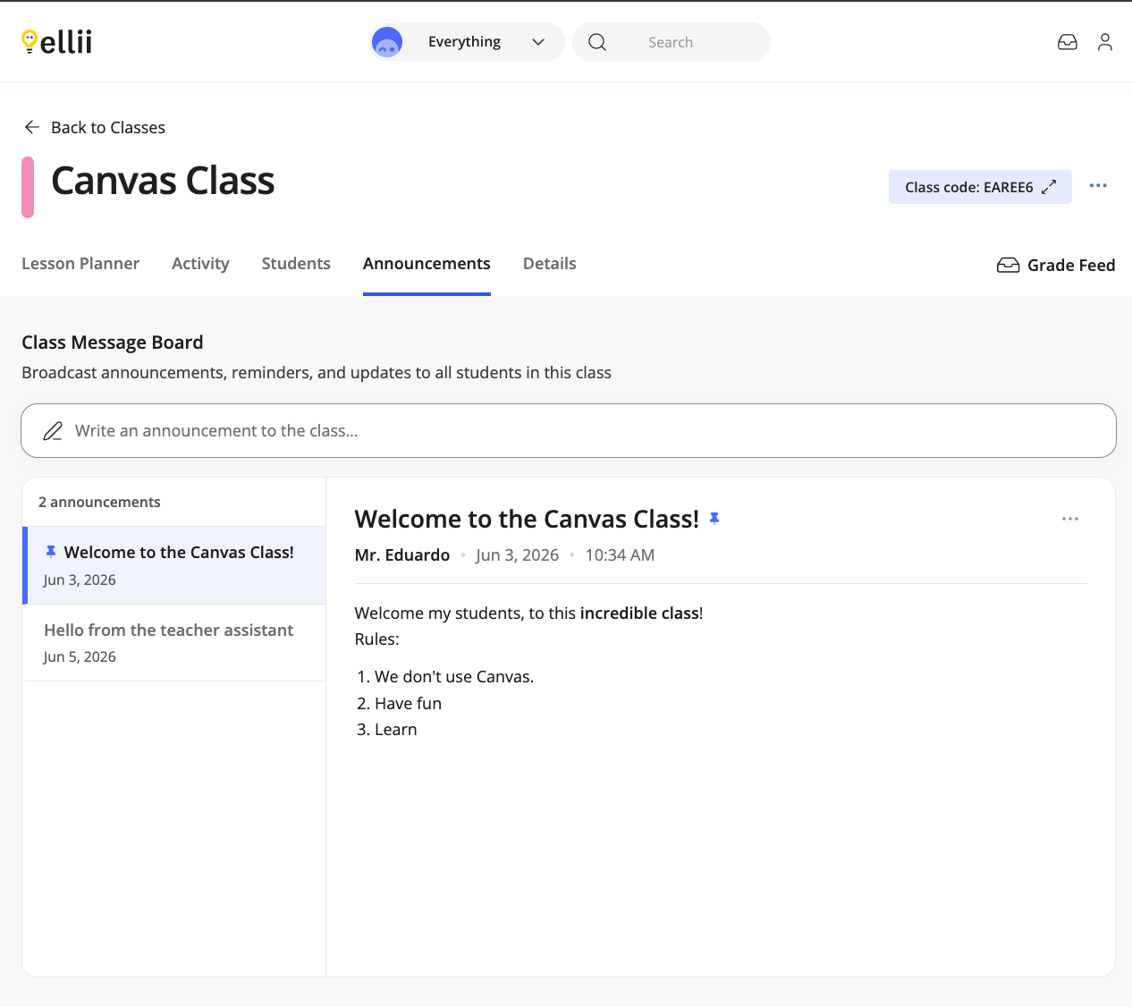 class announcements on Ellii