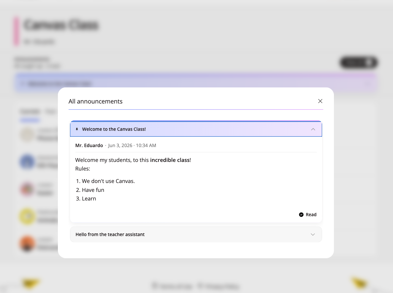 class announcements on Ellii
